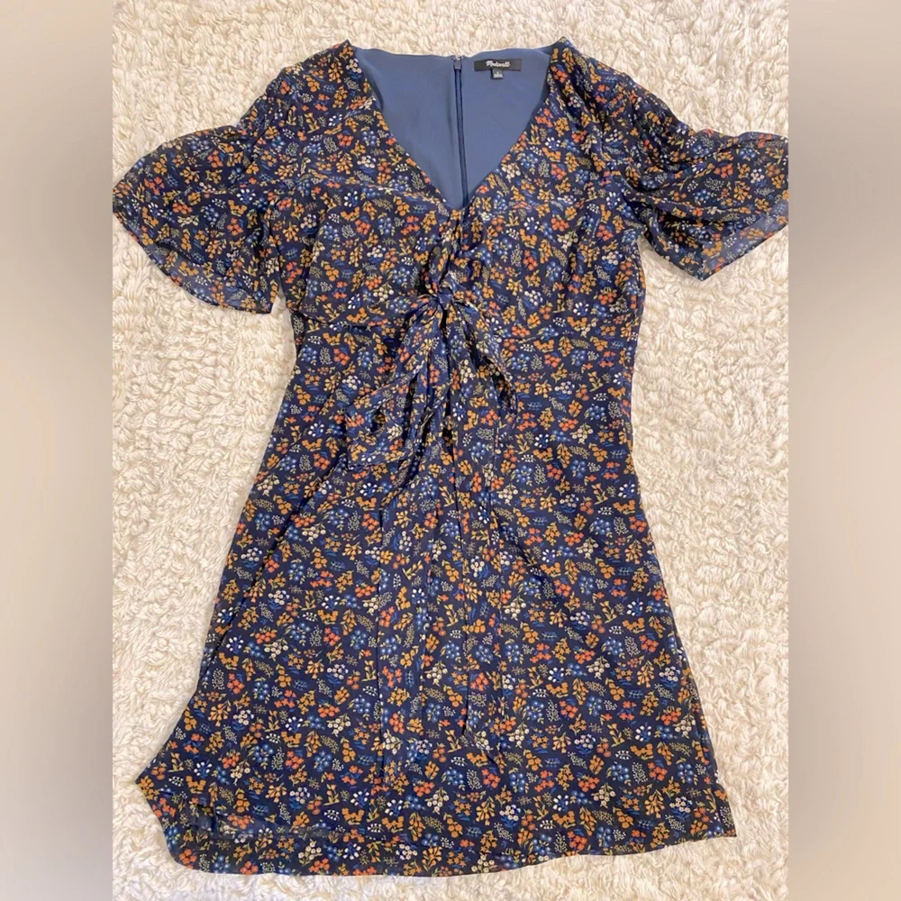 Madewell Blue Floral Mini Dress with Bow Detail on Chest - Picture 3 of 9